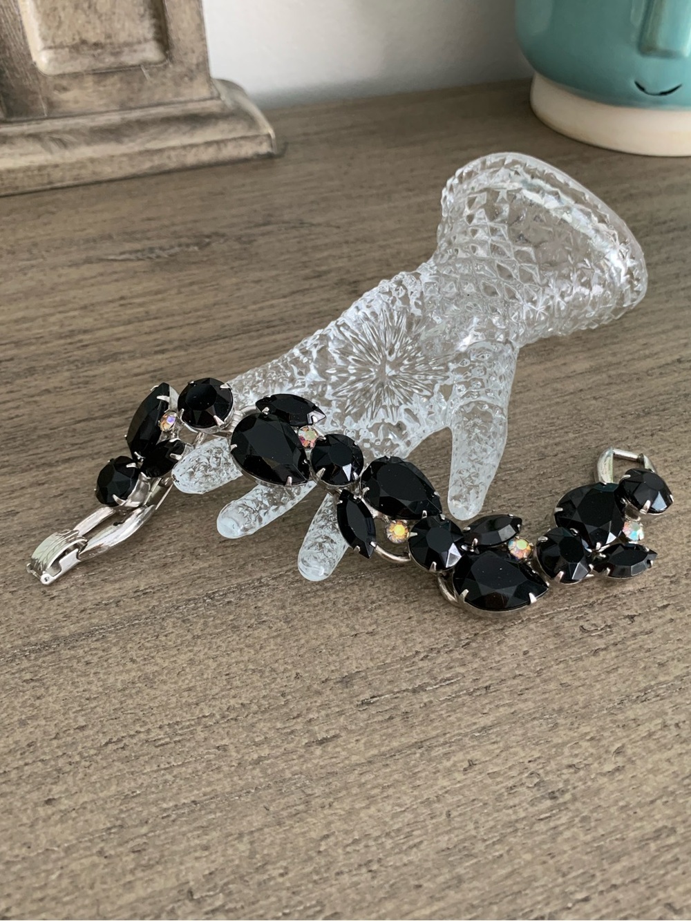 Vintage Juliana DeLizza Elster D&E Black Borealis Art Glass Rhinestone Bracelet